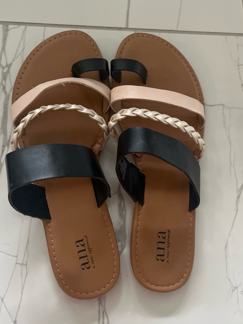 a.n.a Black and Blush Braided-Accent Slide Sandals